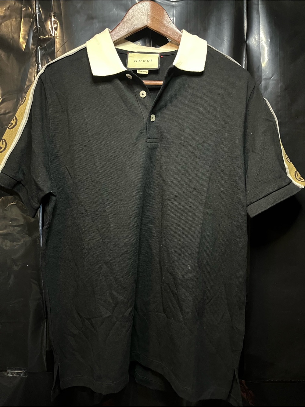 Gucci Black Polo with Cream Collar and Gold Stripe Sleeves